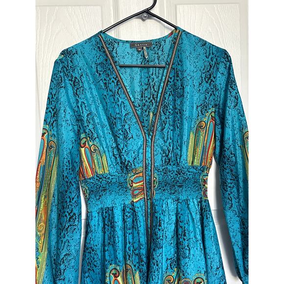 Gracia Maxi Dress Blue Green Smocked Waist Front Slit Boho Whimsical medium - Picture 6 of 16